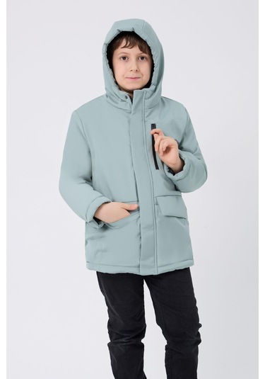 Spor Erkek Spor Çocuk Kürklü Su Ve Rüzgar Geçirmez Kapüşonlu 3 Cep Mont & Kaban & Parka Mint Yeşili