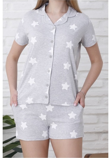 Kadın Şortlu Pijama Takımı Düğmeli Kısa Kollu Pamuklu Cepli Likralı Gri Gri