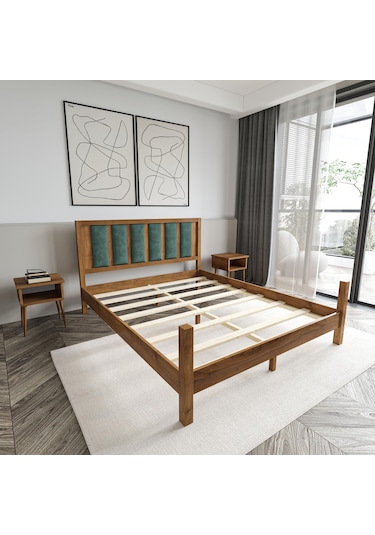 Orion Model Çağla Yeşili Puflu Başlıklı Ceviz Renk Çam Ahşap Karyola-85 90 x 200