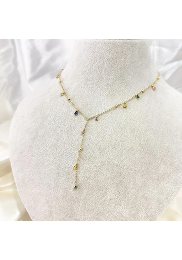 Renkli Taşlı Y Kolye Gold Gold