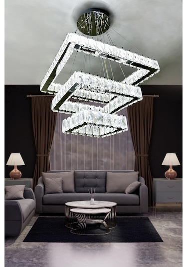 3 Katlı Modern Kare Taşlı Avize Gold