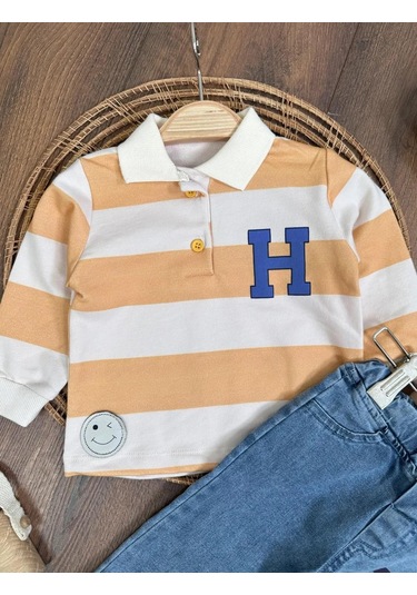 Şerit Çizgili Detaylı Likralı Polo Yaka Erkek Bebek Takım Sari