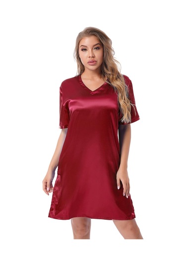 Bordo Kadınlar Katı Renk Saten Gecelik Yumuşak Rahat Pijama Gecelik Bordo