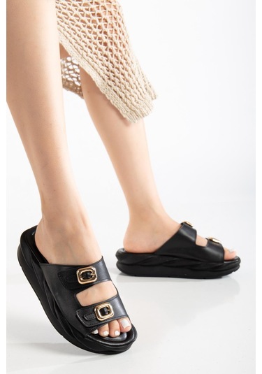Kadın Dolgu Taban Terlik Siyah 2 Bantlı Suni Deri-3845 Siyah