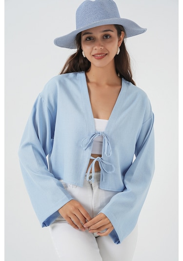 Bigdart Önü Bağlamalı Keten Kimono 960 - Mavi