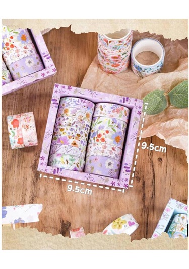 Kare Vintage Washi Tape Bant Yapışkanlı Maskeleme Kağıdı Desenli Bant 12'li - Mor Çiçekler 1
