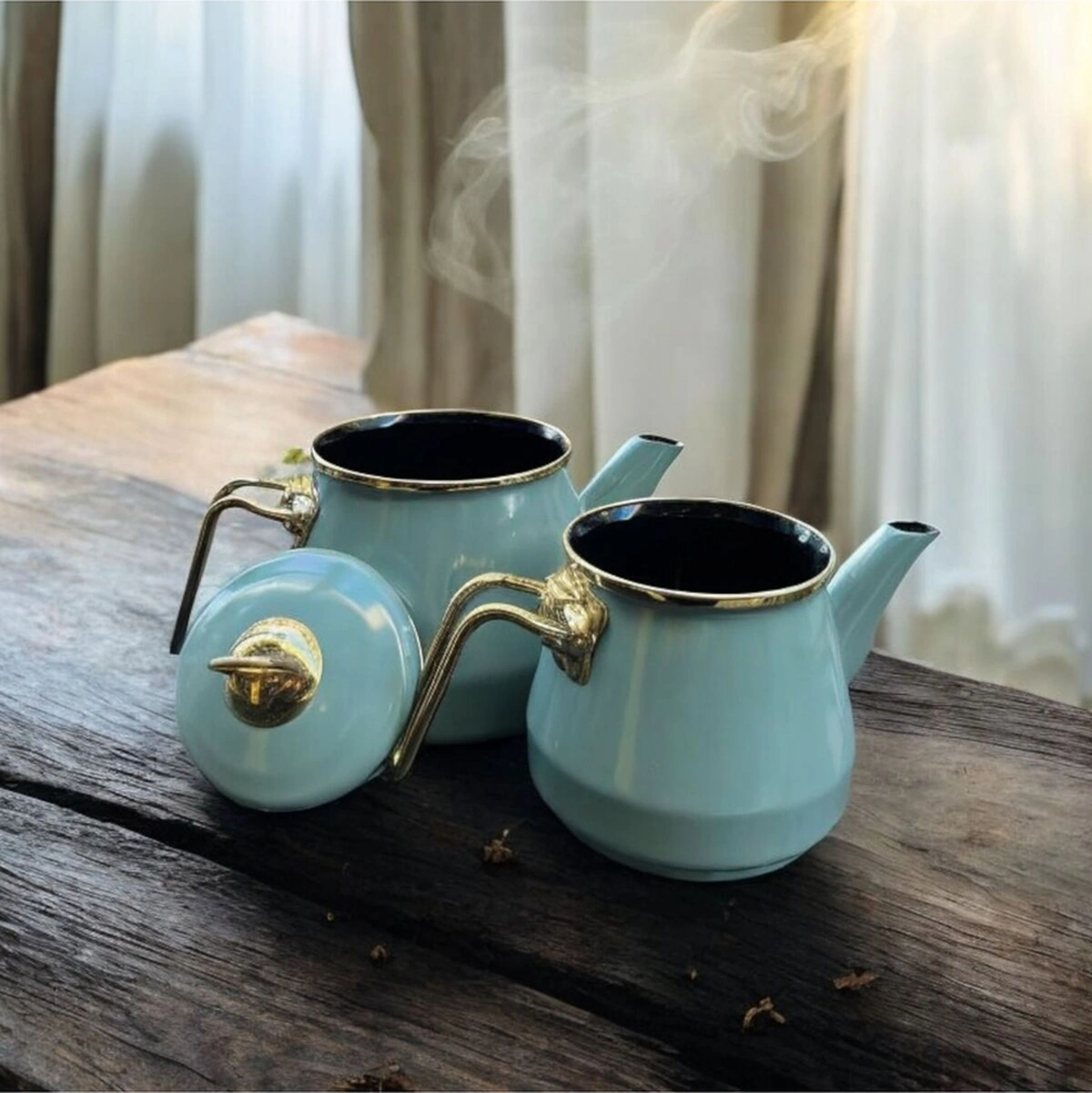 Taşev Robin Emaye Çaydanlık Takımı Yeşil Yeşil