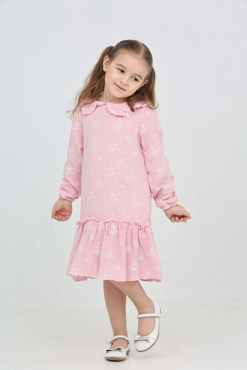 Toontoy Kız Çocuk Çiçek Nakışlı Bebe Yaka Elbise Açık Pembe