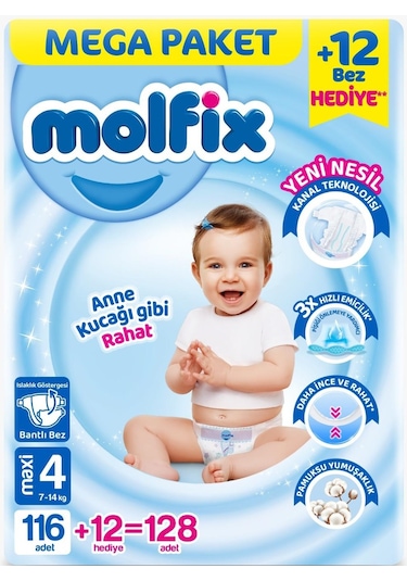 Molfix Bebek Bezi Beden:4 7-14kg Maxi 128 Adet Mega Pk 4 Numara