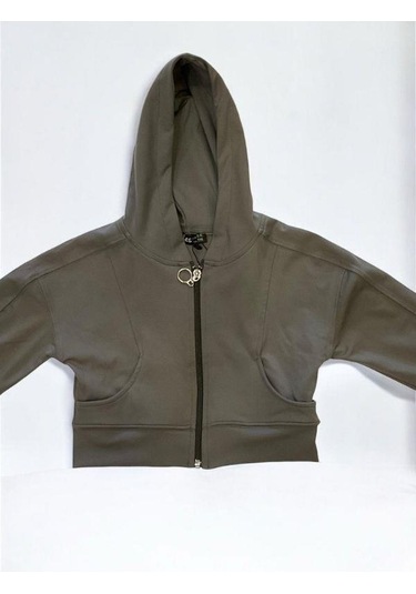 Kız Çocuk Pamuklu Crop Fermuarlı Kapuşonlu Hırka-15454 Haki