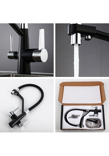 Mutfak Eviye Bataryası Dual Flow Su Arıtma Çıkışlı Siyah Krom B13