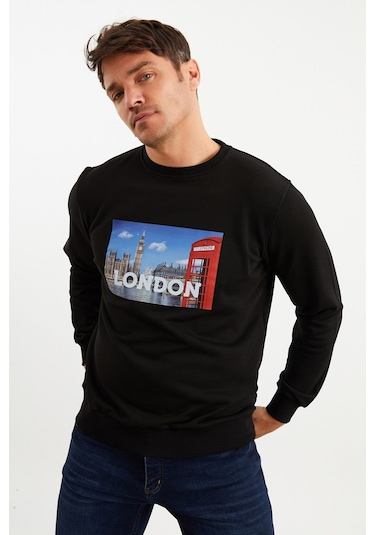 Mysport 5011 Erkek Bisiklet Yaka Baskılı Sweatshirt-siyah Siyah