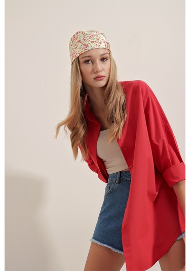 Bigdart 3900 Oversize Uzun Basic Gömlek - Kırmızı 001
