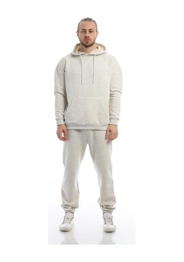 Erkek Kapüşonlu Kanguru Cepli Sweatshirt Kar Melanj