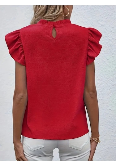Kadın Kısa Kollu Fırfır Yakalı Bürümcük Bluz Kırmızı