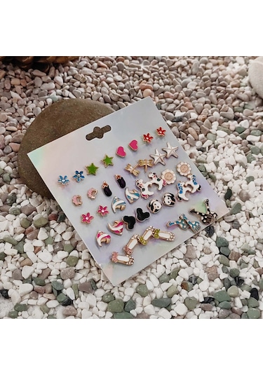 Chavin Çocuk Genç 20 Çift Mineli Figür Küpe Seti Er13 Çok Renkli