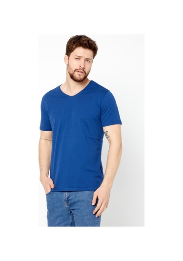 Comeor Erkek Mavi Basıc Slim Fit Pamuklu Kısa Kollu V Yaka T-Shir
