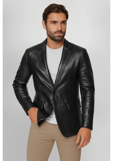 Derije Diego Hakiki Deri Erkek Punto Dikişli Blazer Ceket