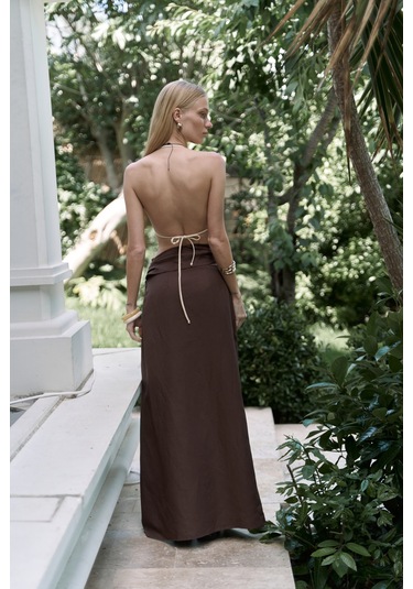 Fabriyonto Asimetrik Kahve Uzun Etek Kahve