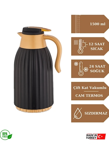 Remetta Caldo Class 1.5 Lt Cam Oluklu Termos Gold-siyah