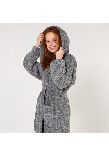Uzun Welsoft Kapüşonlu Kadın Sabahlık Gri