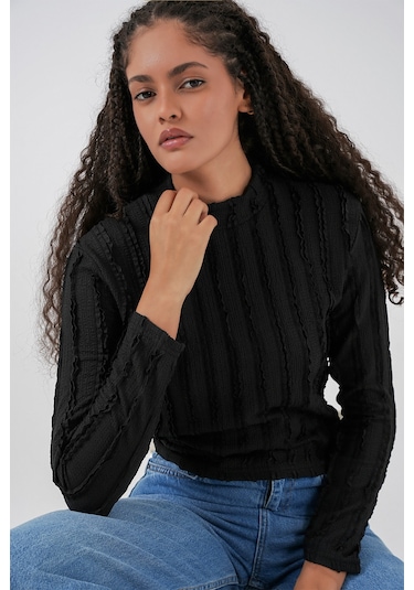 Kadın Dokulu Esnek Örme Bluz 975 - Siyah Siyah