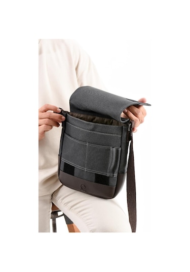Kanvas Kumaş Tablet Çantası Erkek Postacı Çanta 27 23 Cm Çapraz Askılı Omuz Çantası Antrasit