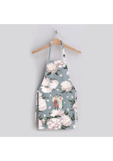 Blue-white Rose Mutfak Önlüğü Beyaz Güllü, Keten Kumaş, Uluslararası Yıkama Ve Solmama Sertifikası Çok Renkli