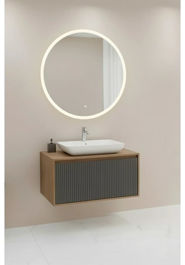 Osloorz 90 Cm Beyaz Lavabolu Banyo Dolabı Orz Aynalı - Kaman Ceviz / Antrasit Kaman Ceviz