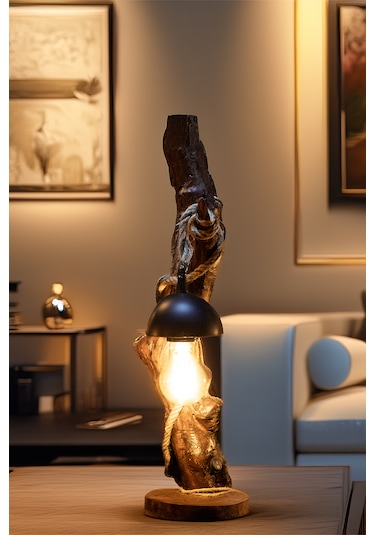 Celestia Home Otantik  İskandinav El Yapımı Doğal Ağaç Ahşap Rustik Aydınlatma Abajur Masa Lambası Ahşap