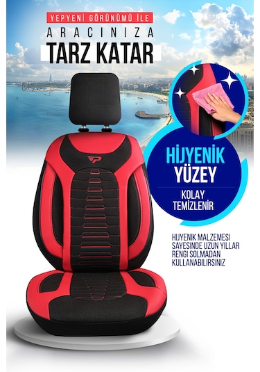 Siyah - Kırmızı Garni Panda Bakü Serısı Keten Kumaş Oto Koltuk Kılıfı - Tam Set