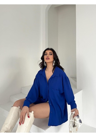 Paw Garage Kadın Flory Ayrobin Oversize Tek Cep Gömlek Saks