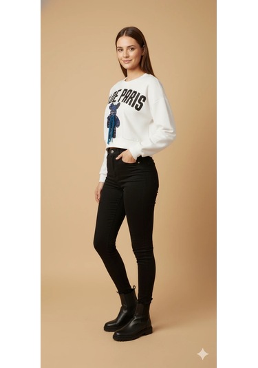 Kadın Ayı Figürlü Crop Sweat Payetli Teddy Bear İpli Detaylı Yazılı Yuvarlak Yaka Kısa Swat Ekru