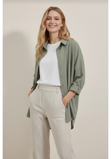 Yxc Trend Maker Oversize Uzun Basic Bayan Keten Gömlek Haki