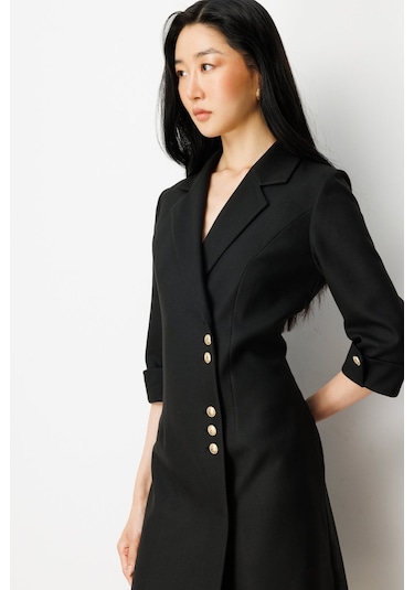Kruvaze Yaka Düğmeli Elbise Ekol Siyah