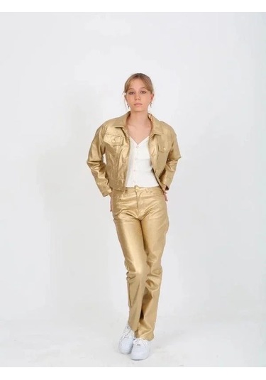 Kız Çocuk Gold Deri Ceket-14817 Altın