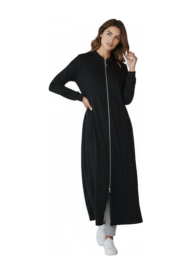 Kadın Önü Fermuarlı Kolu Manşetli Gizli Cepli Mevsimlik Kap Siyah