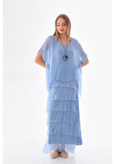 İtalyan 2 Beden İnce Gösteren Yarım Kol Kat Kat Ipek Elbise İndigo Mavi İndigo - Mavi