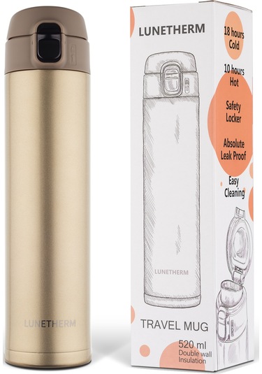 Lunetherm Sızdırmaz Vakumlu Çıft Katmanlı Mug Çelik Termos - Gold Altın