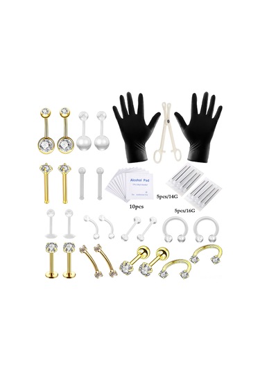 Wezone 47 Parça Paslanmaz Çelik Delme Seti - Dudak Burun Kaş Kulak Belly Piercing İğneler, Taçlı Tasarım, Tersiyer Aletler, Hijyenik Malzemeler İle Tam Zirve Altın Beyaz Pırlanta