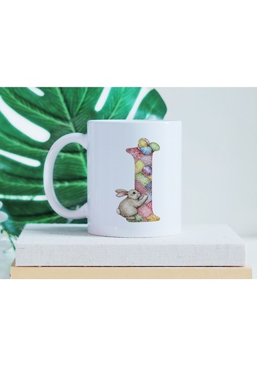 I Harfli Tavşan Kupa - Patchwork / Yamalı Desenli İsme Özel Kupa - Pastel Vintage Tarz Hediyelik Beyaz