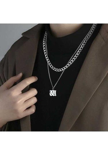 Fastbuy Katmanlı Erkek Kore Tarzı Kolye, Küba Mektup Kolye, Titanyum Çelik, 5 Cm, Çok Renkli Çok Renkli