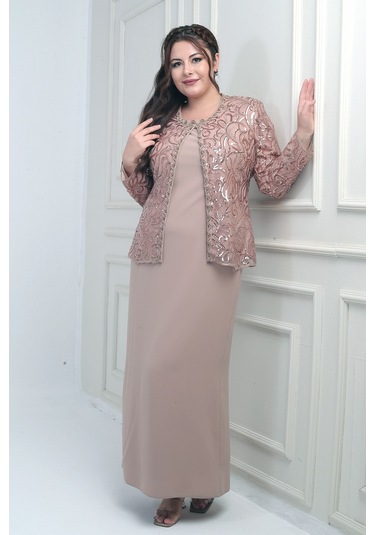 Kadın Pul İşlemeli Boncuk Detaylı Tül Ceket Yarım Ay Kollu Uzun Elbise Astarlı Krep Büyük Beden 2'li Takım Bej Kadın Pul İşlemeli Boncuk Detaylı Tül Ceket Yarım Ay Kollu Uzun Elbise Astarlı Krep Büyük Beden 2'li Takım Bej