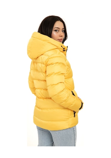 Kadın Sarı Kapüşonlu Içi Polarlı Kürklü Su Geçirmez Rüzgara Dayanıklı Şişme Mont Kaban Parka Sarı