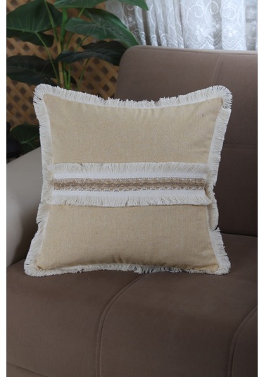 Dnc Home Tekstil Ndchome Sarı Keten Jüt Dantelli Kırlent Kırlent Kılıfı