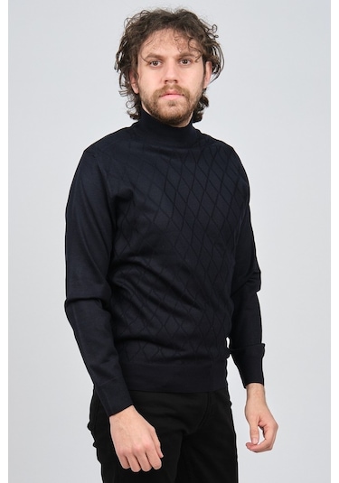 Pave Erkek Yarım Balıkçı Baklava Desenli Yün Kazak 4537220 Lacive Lacivert