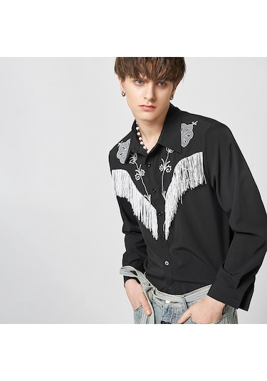 İncerun Bahar Erkek Püskül Baskılı Uzun Kollu Gömlek Salaş Siyah