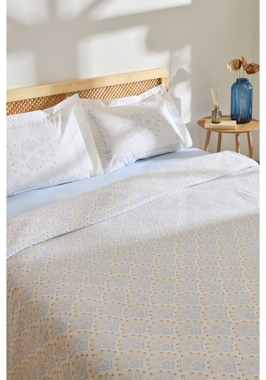Kaşmir Home Daisy %100 Pamuk Çift Kişilik Pike Takımı Mavi Mavi