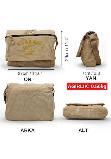 Dark Cotton 8128 Salaş Kanvas Omuz Postacı Siyah Antrasit 15.6" Laptop Okul Seyahat Günlük Vintage Pamuk Çanta Açık Camel