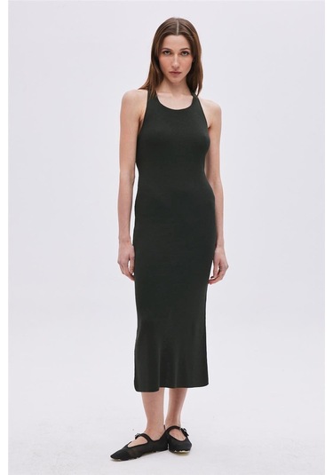 Yeşil Sırt Dekolteli Midi Triko Elbise-yeşil